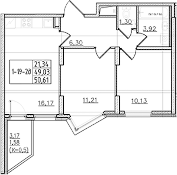 2-комнатная квартира 50.61 м², 19/19 эт., ЖК «Мурино Клаб»